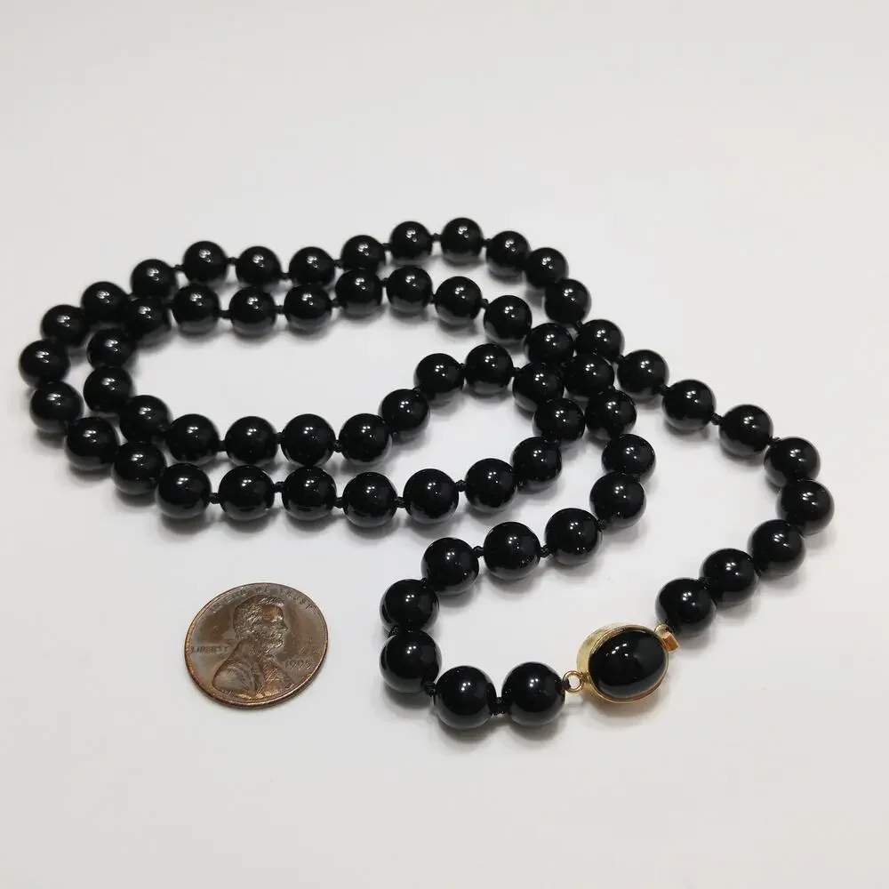 Vintage Onyx Beaded Necklace, Hand Knotted, Gold Tone Clasp, Quartz Tested 1980s